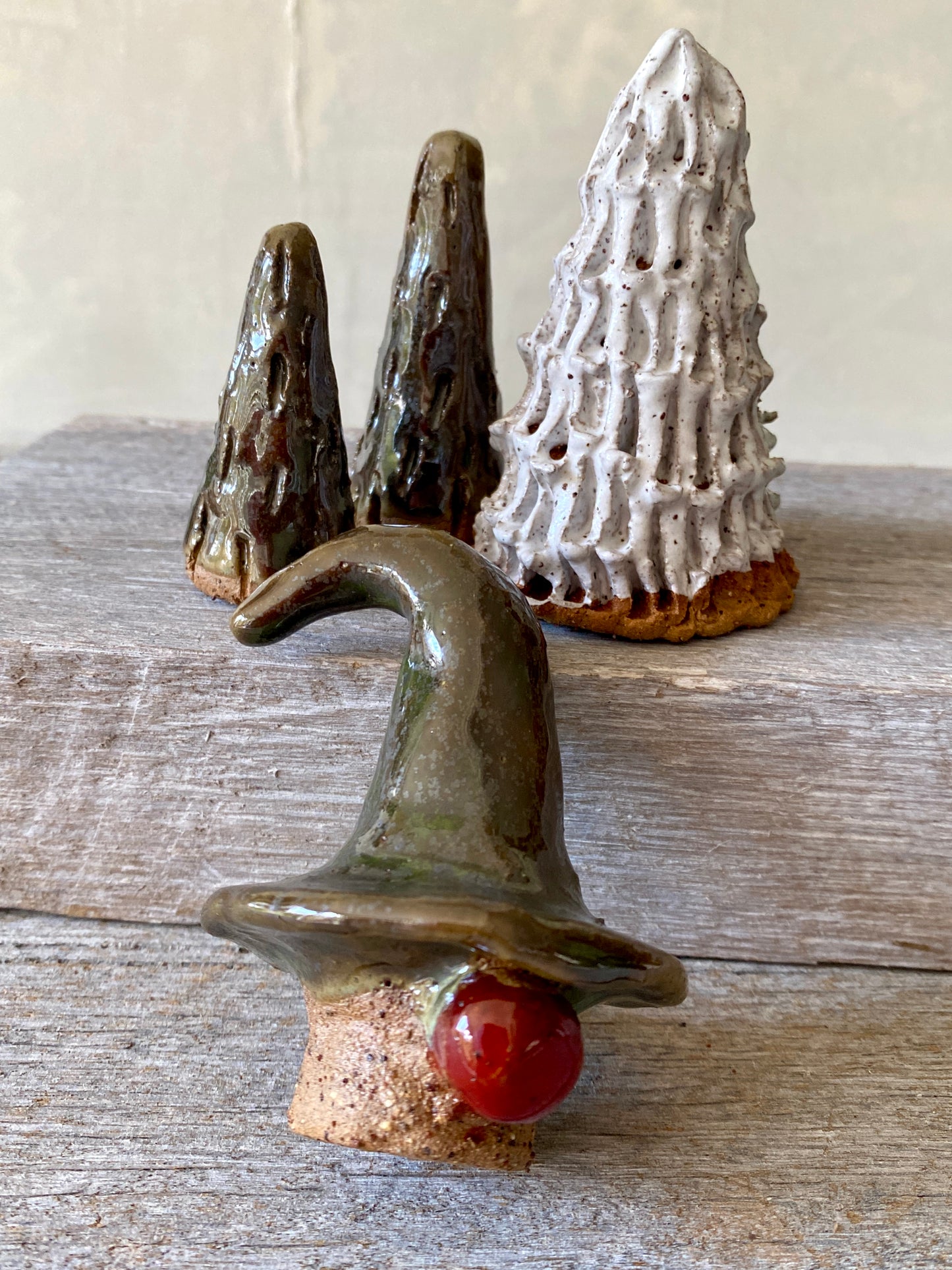 Set of 4 - Cute Christmas gnome with brown/green hat and three adorable Christmas Trees 25-1210