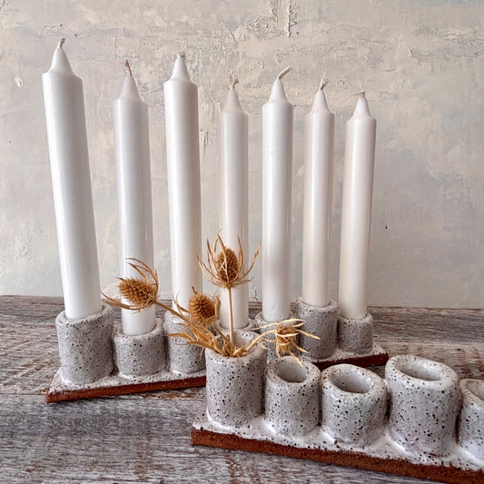 Handmade 7-cup Candle stick holder/Candelabra - rustic white with speckles 45-16