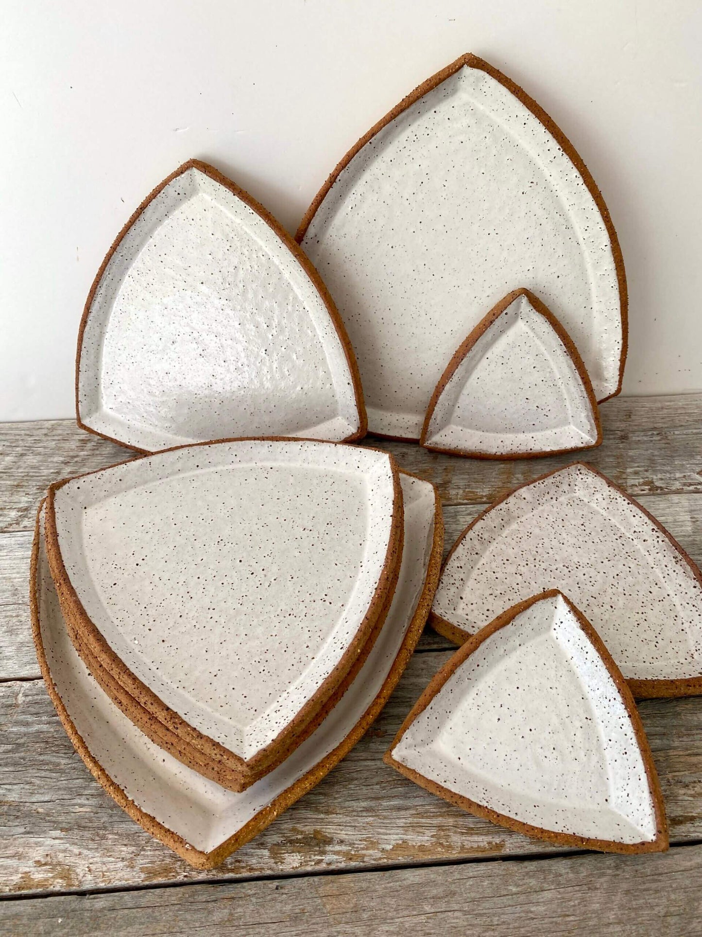 SALE - Triangular Plate (Large) - Rustic & Handmade- White glaze with speckles 2508-04