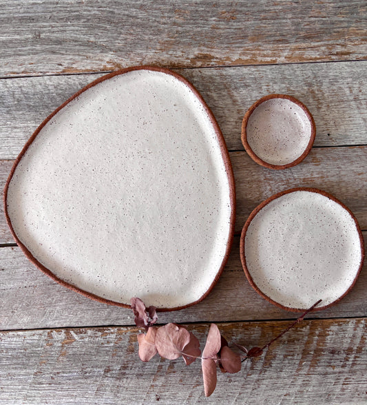 Asymmetric Handmade Ceramic Serving Platter with 2 dishes | Rustic | White with speckles (26-07)