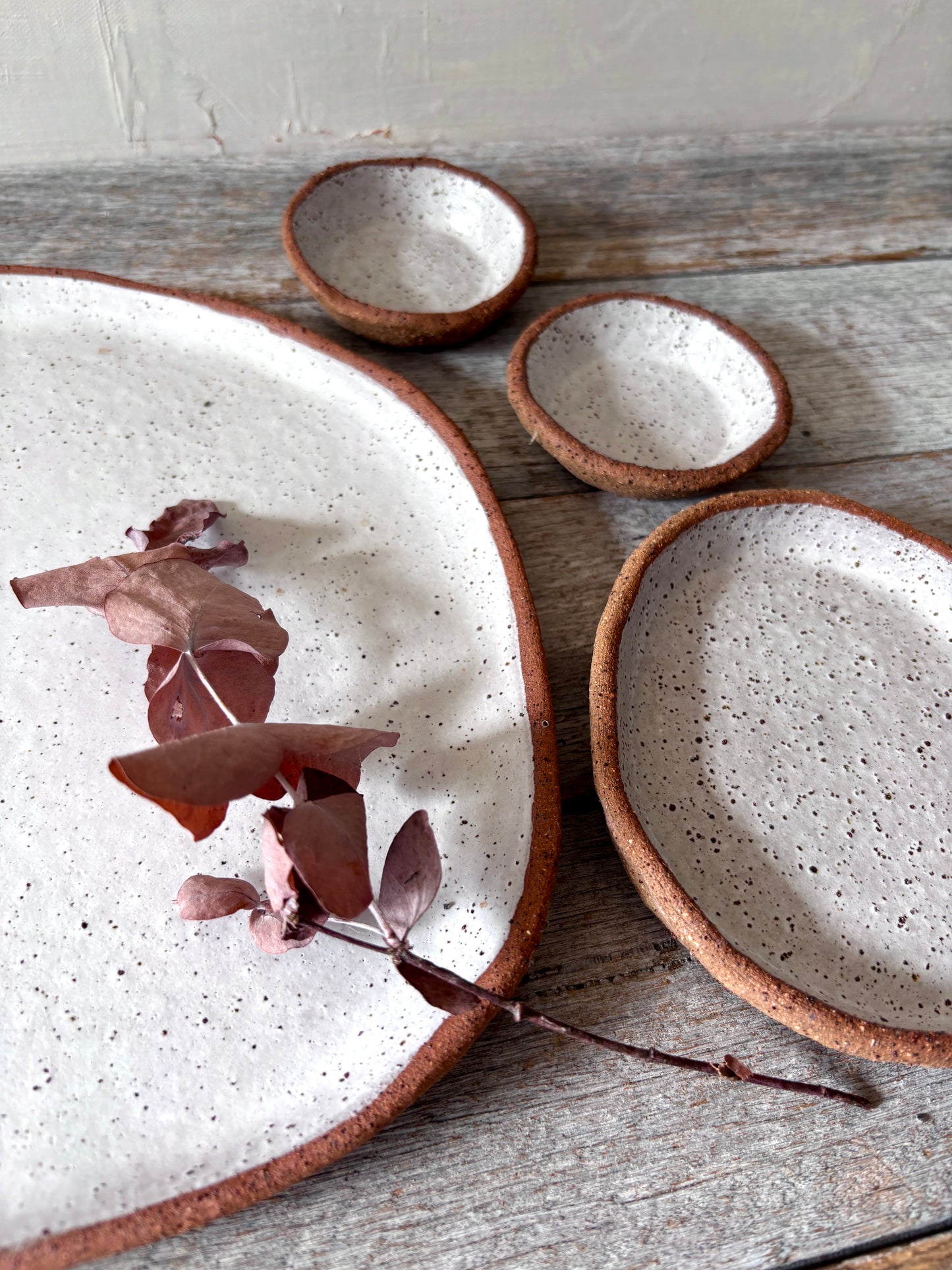 Asymmetric Handmade Ceramic Serving Platter with 3 dishes | Rustic | White with speckles (26-08)