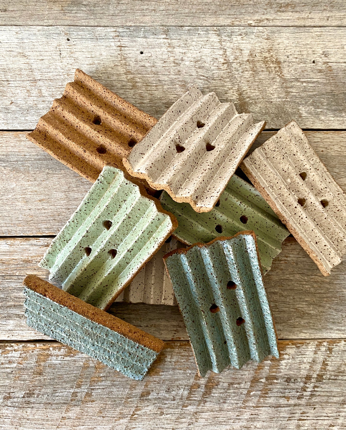 Rustic ceramic handmade soap dish - dusty blue glaze - with 2 handmade soaps 14-3