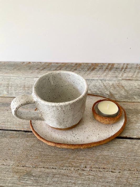 Tea/Coffee Cup on oval plate with tealight candle holder - rustic, cozy and calm.