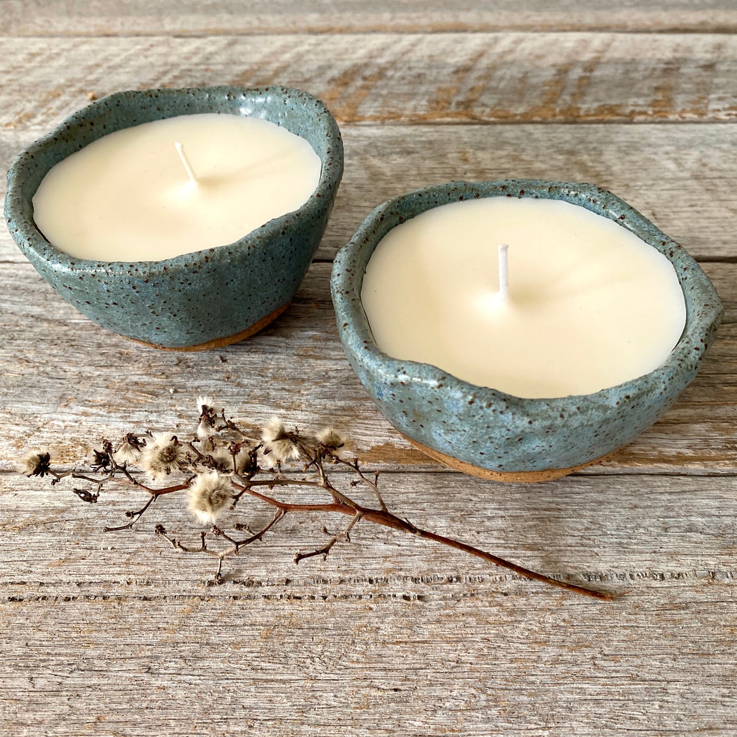 Candle in handmade rustic soft blue glazed bowl - Hand poured Unscented Soy Wax 13-33
