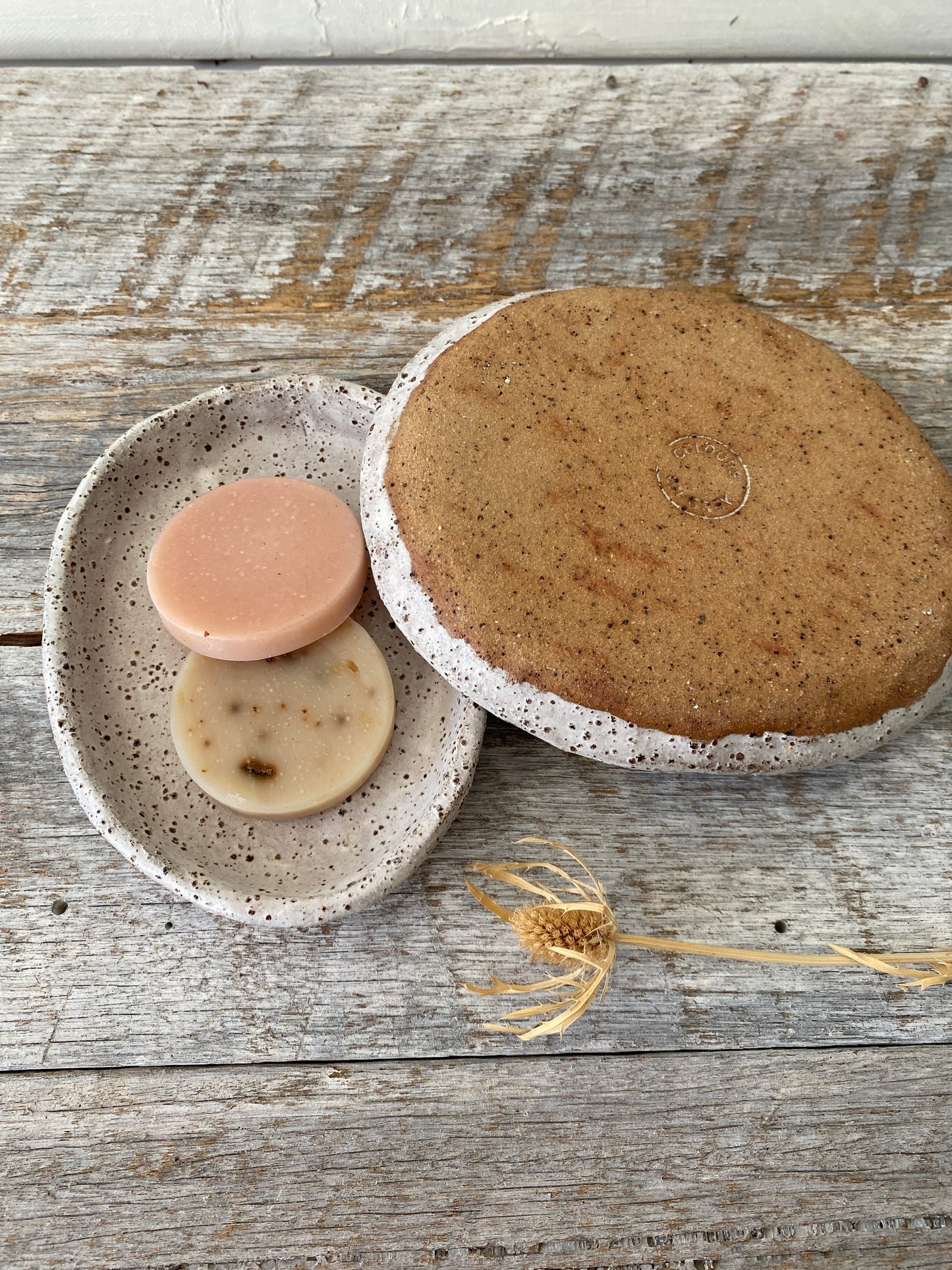 Ceramic soap dish, plate and two handmade soaps 45-22