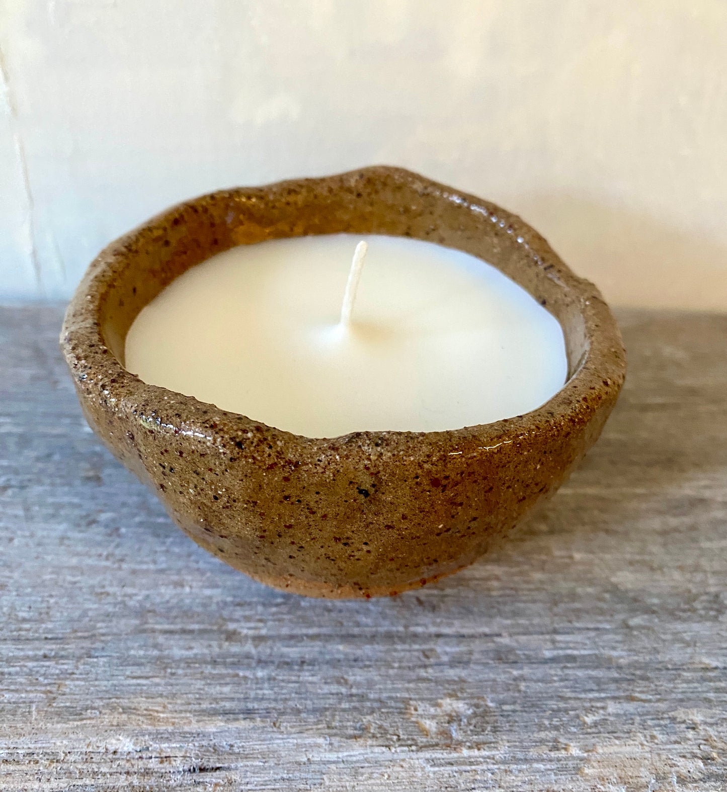 Candle in handmade rustic raw & clear-glazed bowl - Hand poured Unscented Soy Wax 13-38