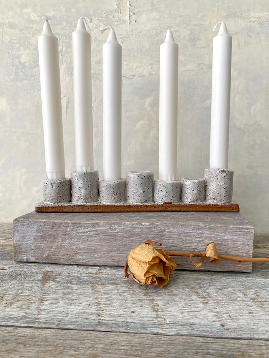 Handmade 7-cup Candle stick holder/Candelabra - rustic white with speckles 45-16