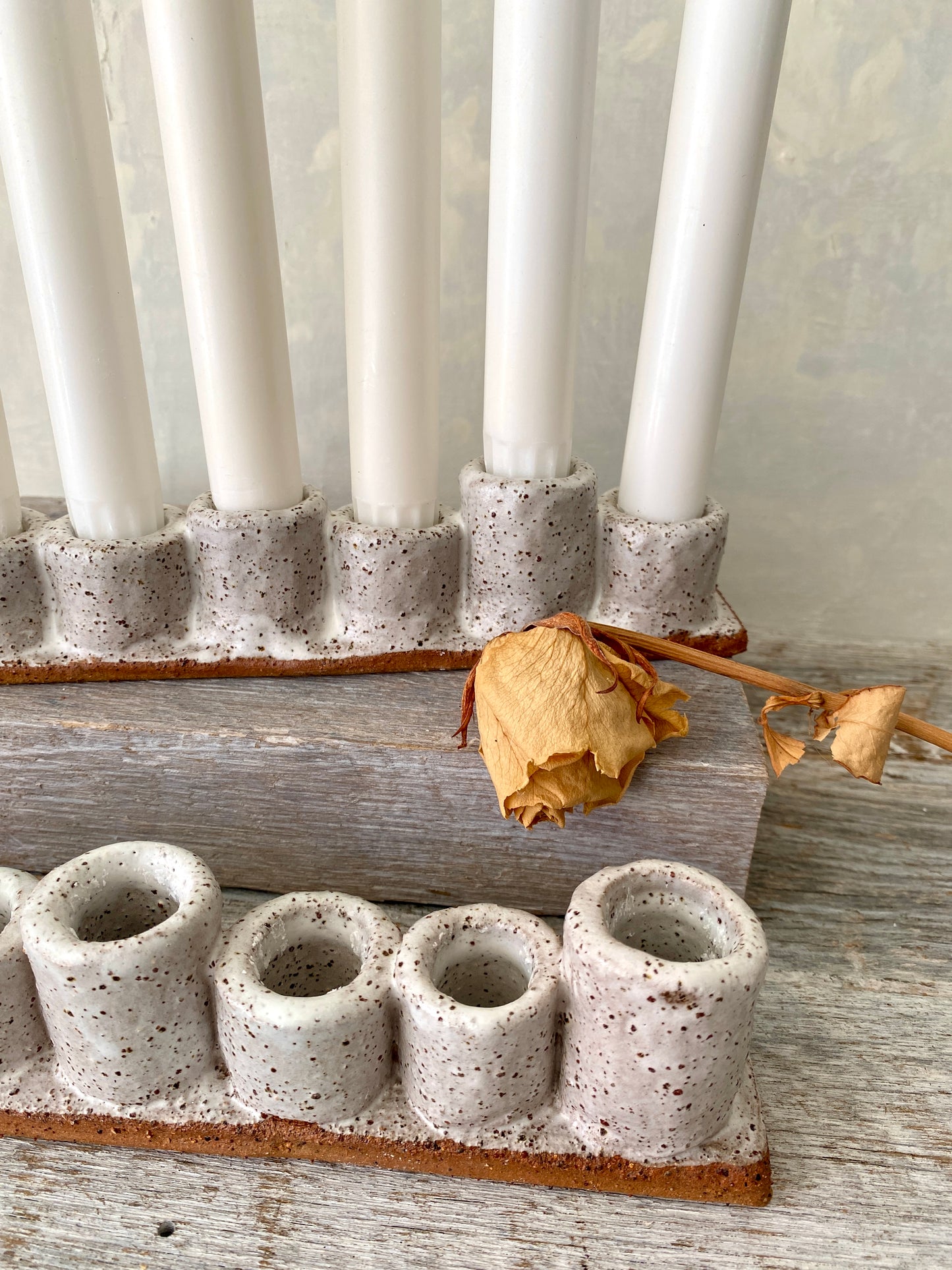 Handmade 7-cup Candle stick holder/Candelabra - rustic white with speckles 45-16