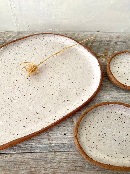 Asymmetric Serving Platter with 2 small dishes - Medium Sized - Handmade & Rustic - White with speckles 45-14 - Only 1 available