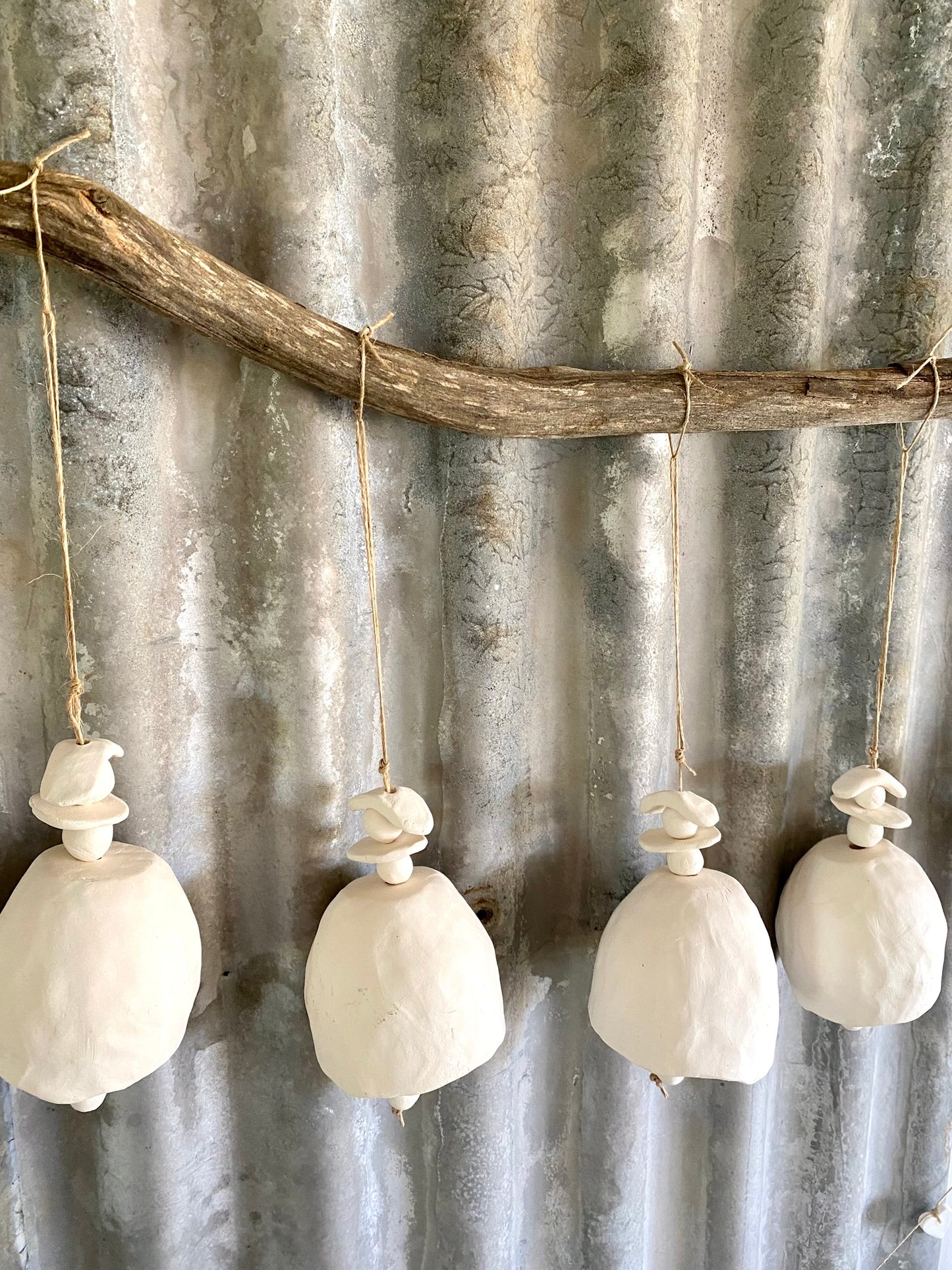 Handmade White Clay Bell on jute string (26-14)