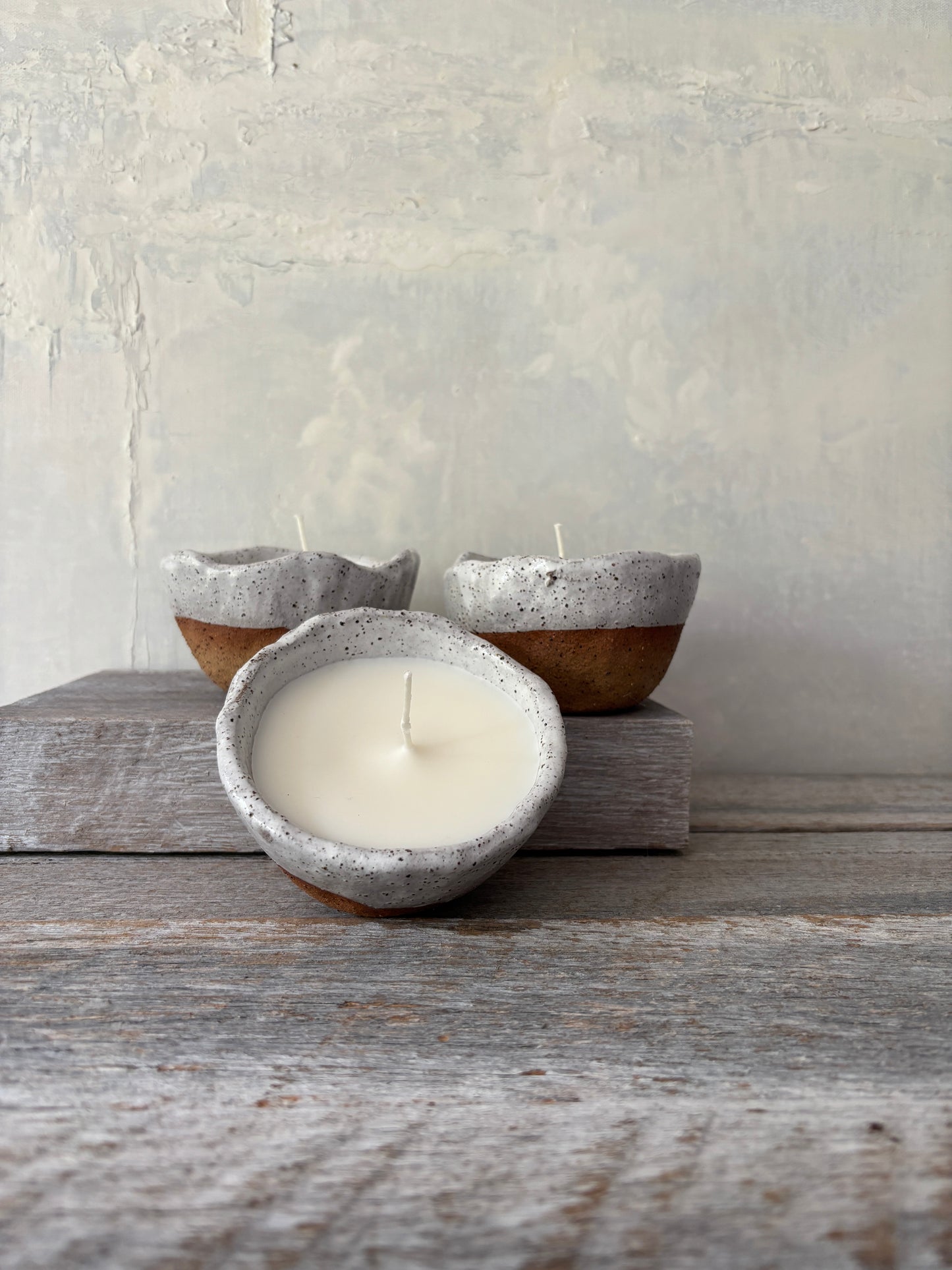 Candle in handmade rustic white glazed bowl - Hand poured Unscented Soy Wax 13-39