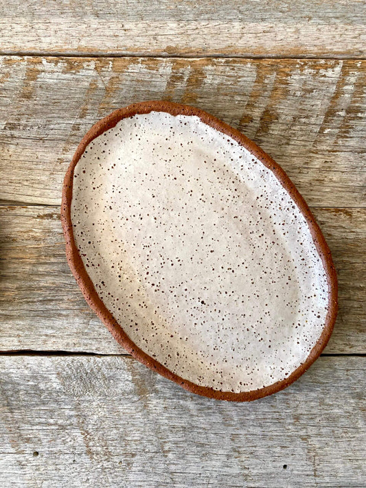 Oval shaped side plate (small) - Hand formed - Rustic clay with speckles and white glaze 25-11