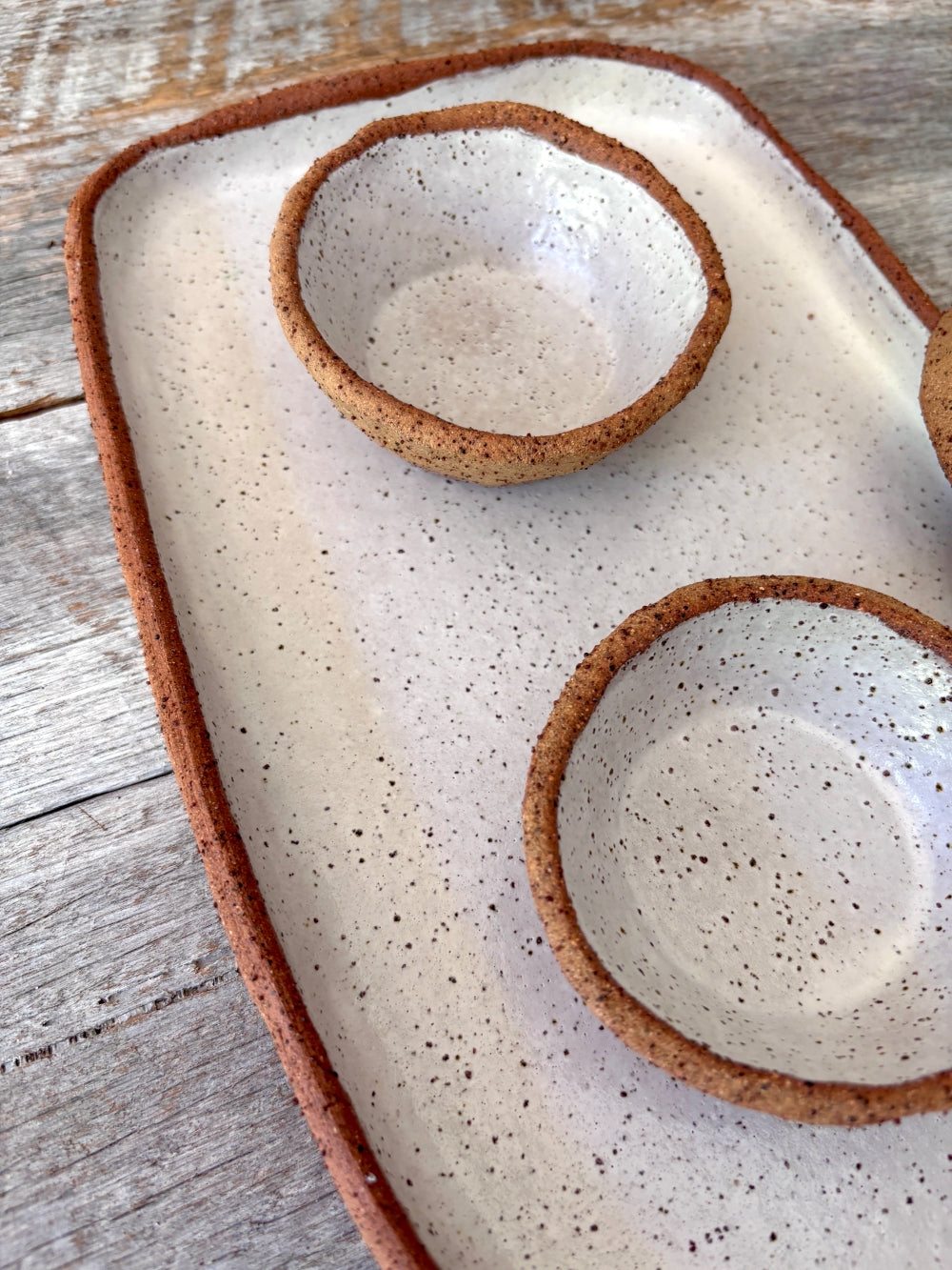 Handmade Large Serving Set with dish and bowls - Rustic Clay White with speckles 45-17 - Only 1 available