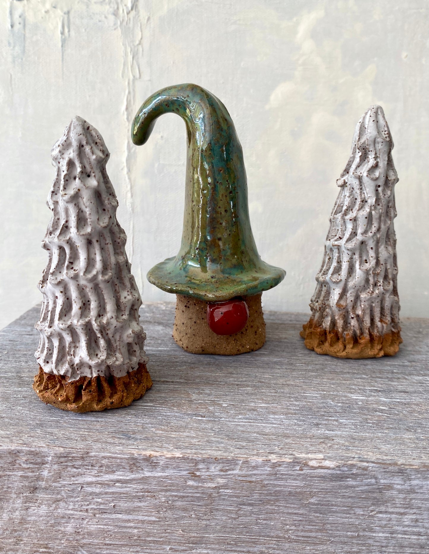 Set of 3 - Cute Christmas gnome with green hat and two adorable white Christmas Trees 25-1209