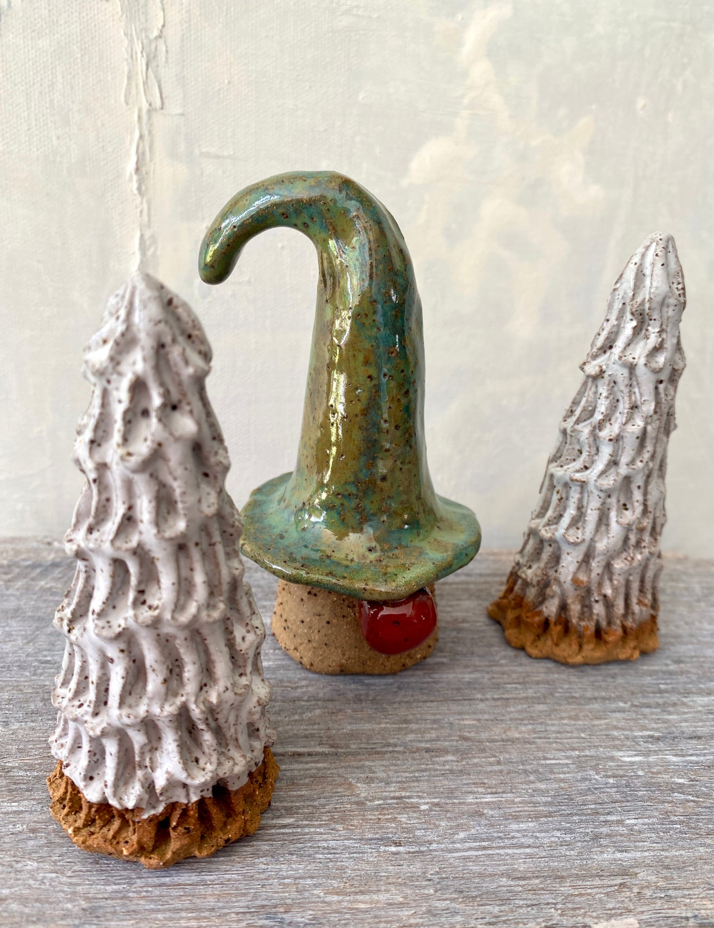 Set of 3 - Cute Christmas gnome with green hat and two adorable white Christmas Trees 25-1209