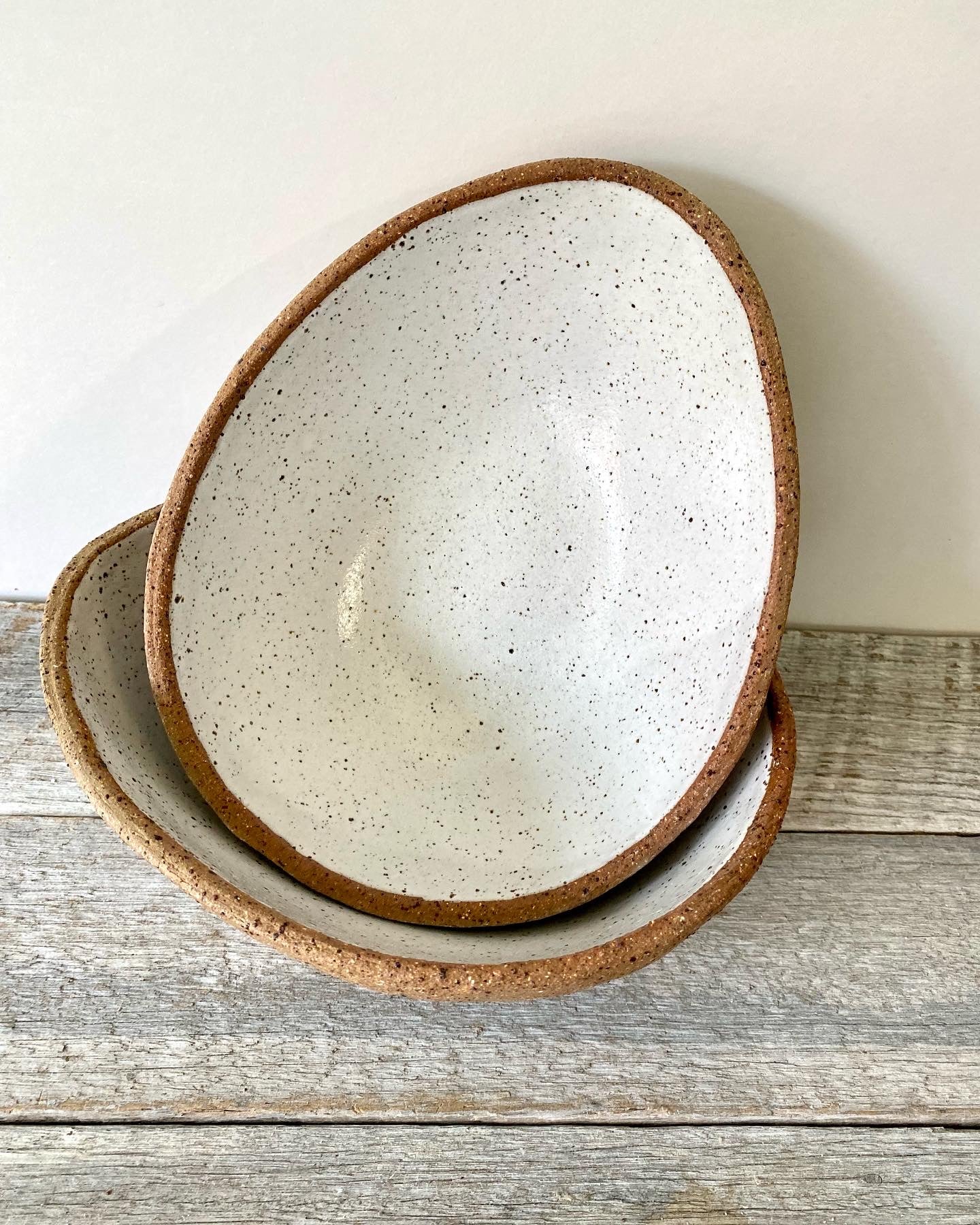 The Karen Bowl - Egg shaped and rustic - white glaze with speckles 10-9