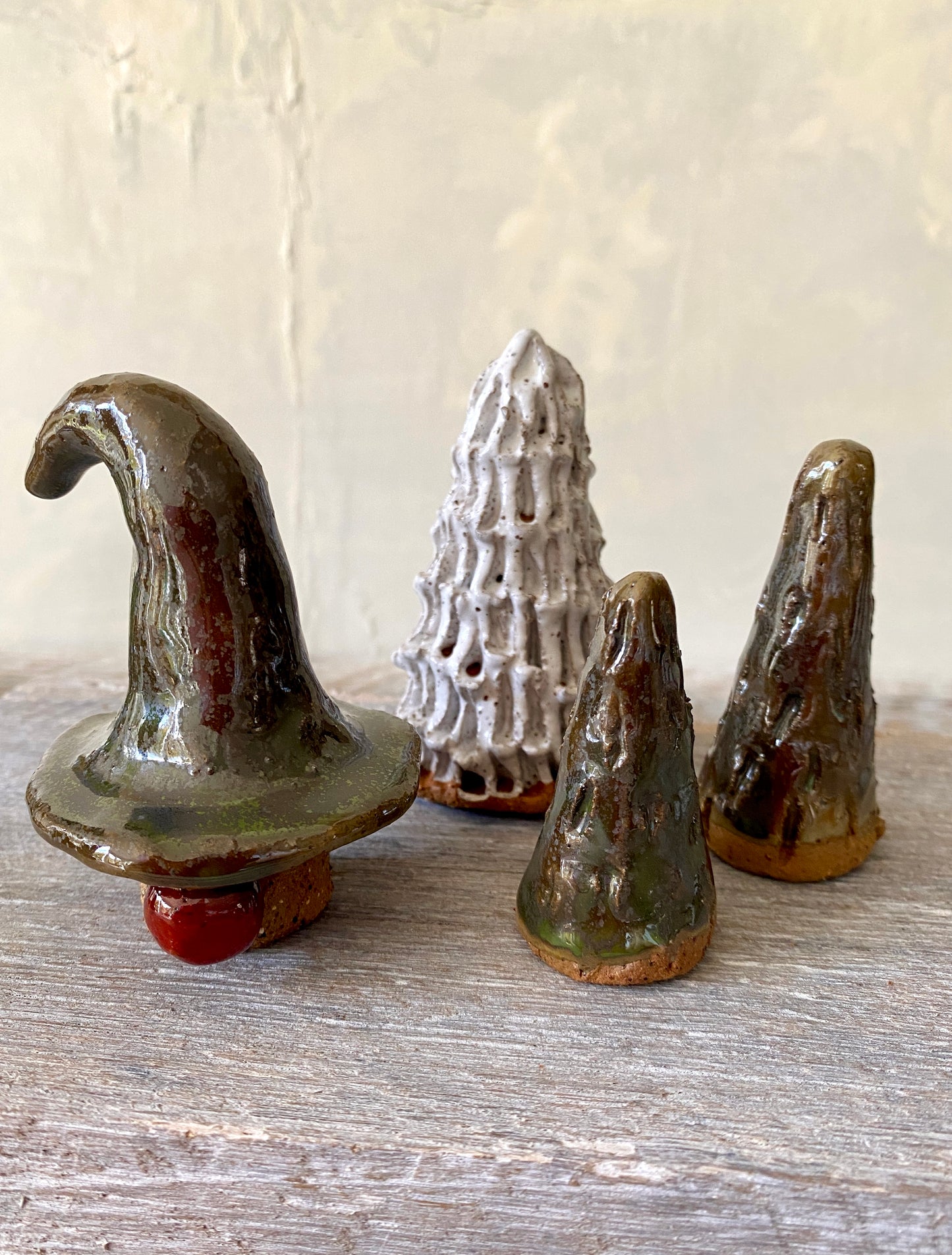 Set of 4 - Cute Christmas gnome with brown/green hat and three adorable Christmas Trees 25-1210