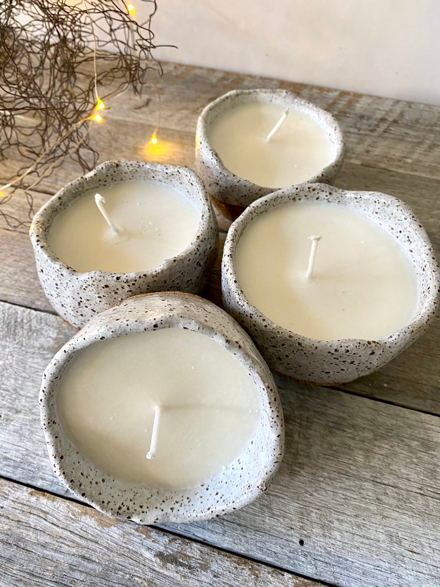 Candle Cup - Hand poured Soy candle in rustic ceramic cup - White glaze on Speckled clay 13-8