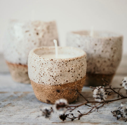 Candle Cup - Hand poured Soy candle in rustic ceramic cup - White glaze on Speckled clay 13-8