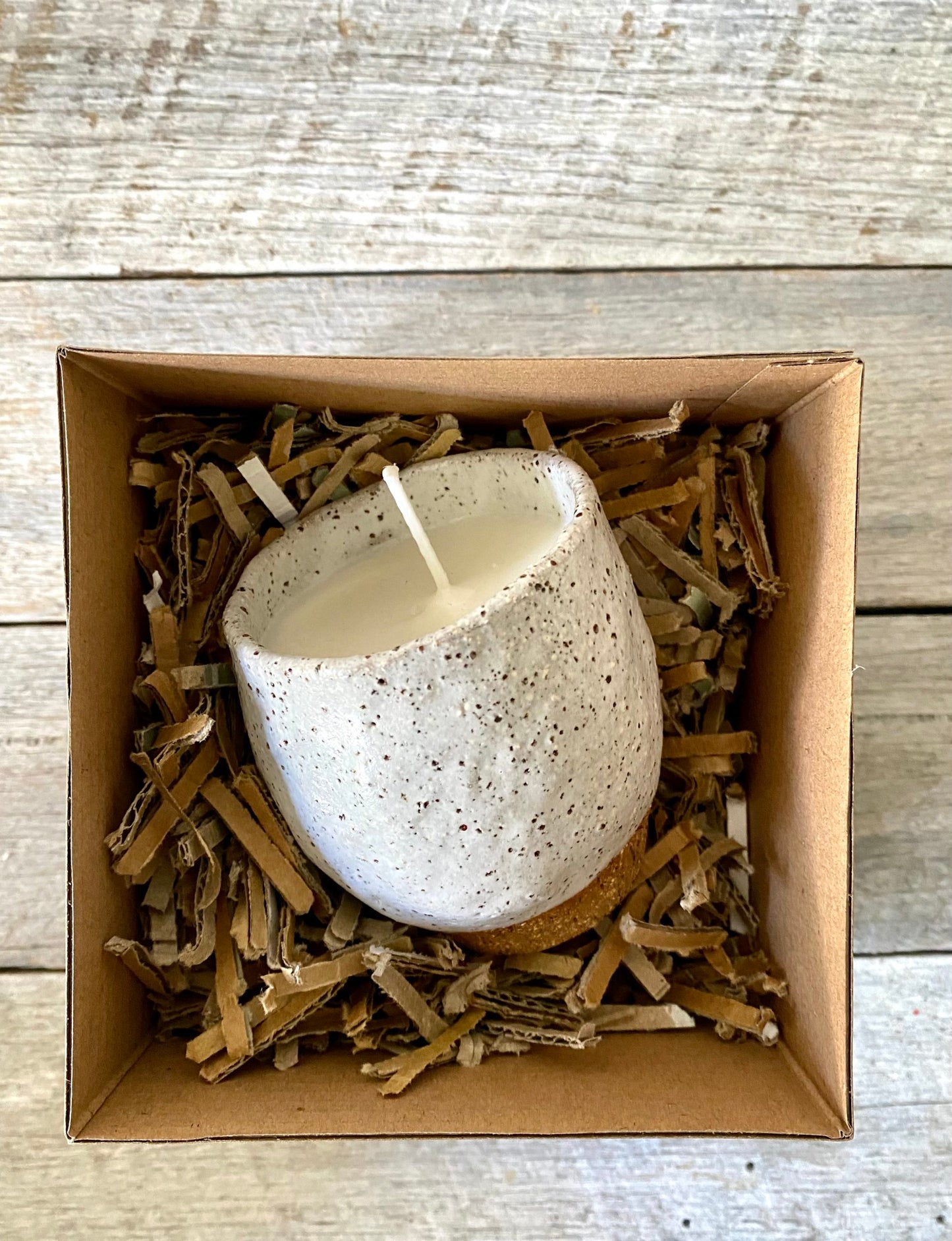 Candle Cup - Hand poured Soy candle in rustic ceramic cup - White glaze on Speckled clay 13-8