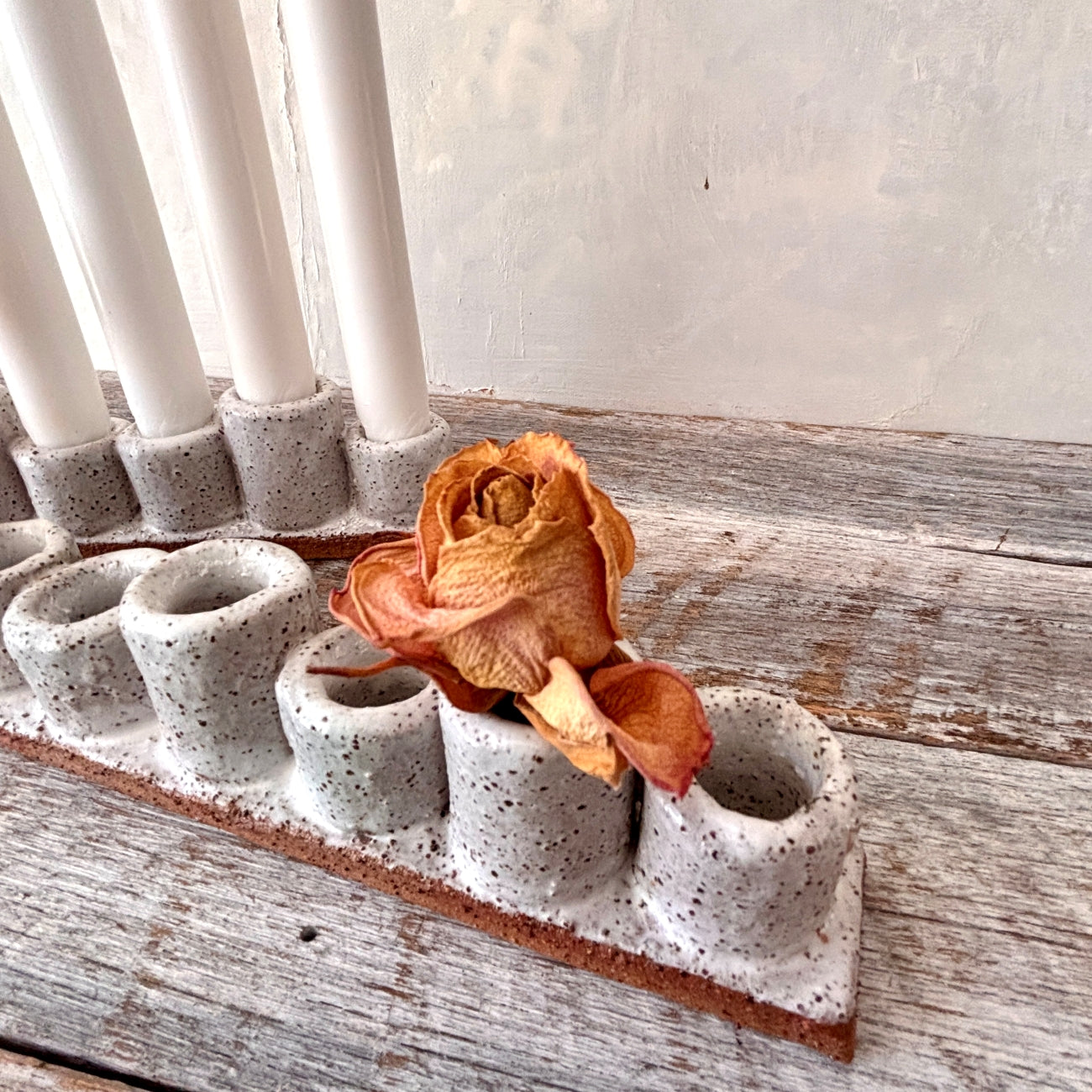 Handmade 7-cup Candle stick holder/Candelabra - rustic white with speckles 45-16