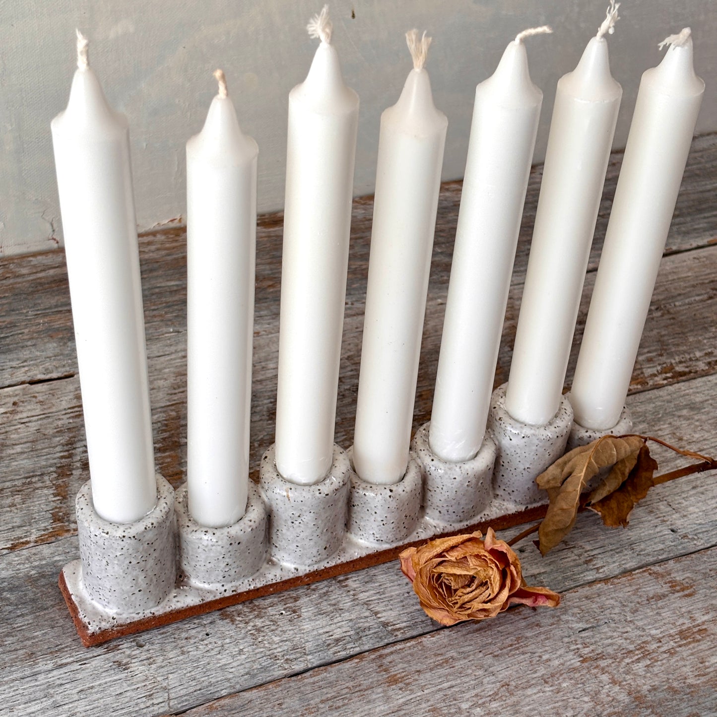 Handmade 7-cup Candle stick holder/Candelabra - rustic white with speckles 45-16