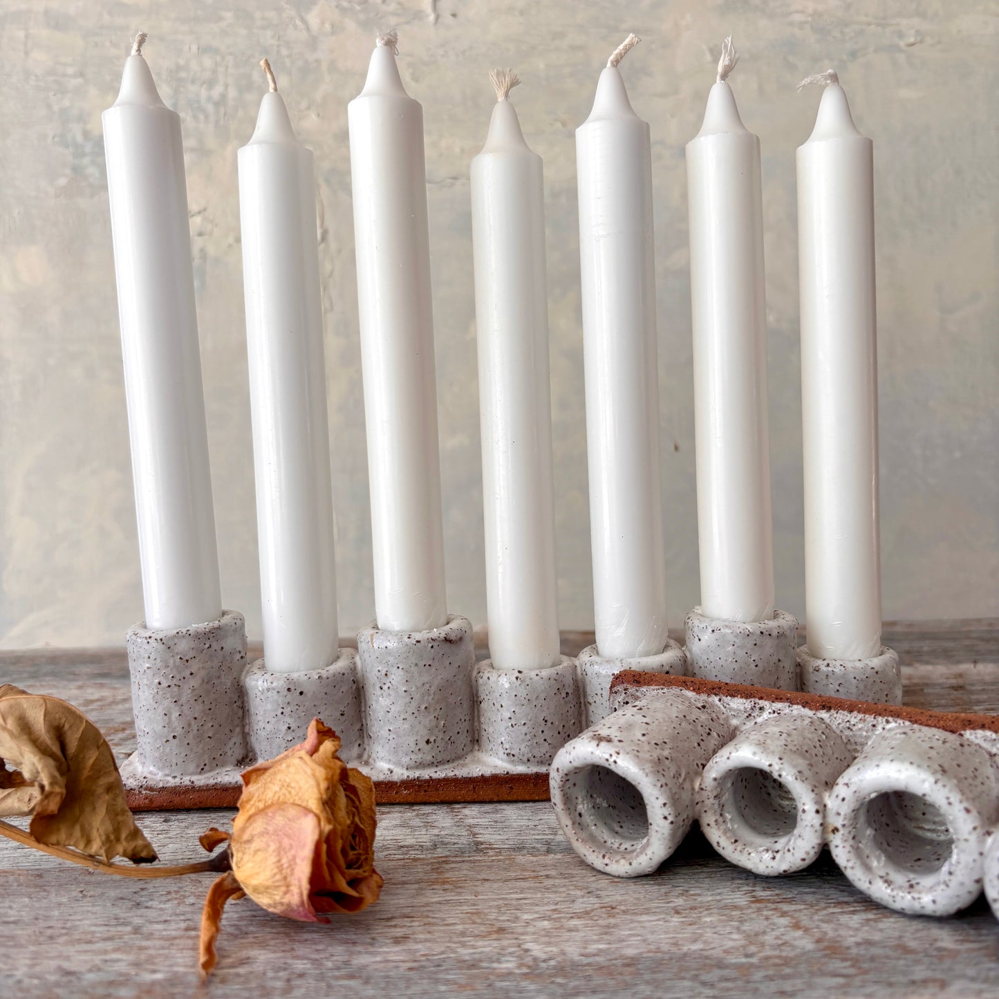 Handmade 7-cup Candle stick holder/Candelabra - rustic white with speckles 45-16