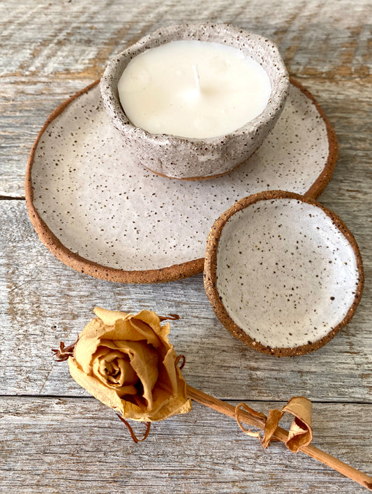 Handmade Rustic Plate + Hand poured candle + small dish  45-13