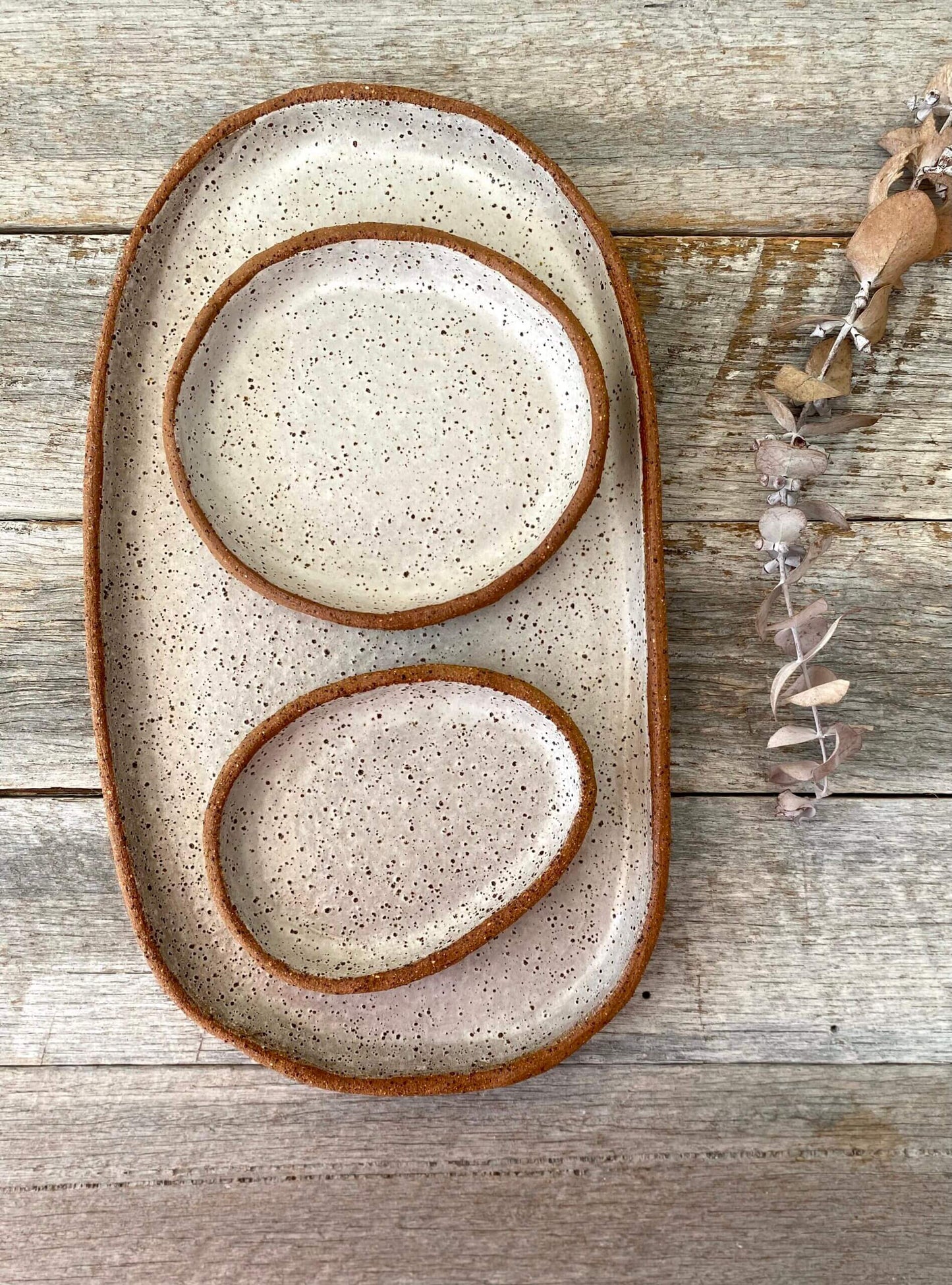 Handmade Oval Shaped Serving Set of 3 - Rustic Clay White with speckles 10-17