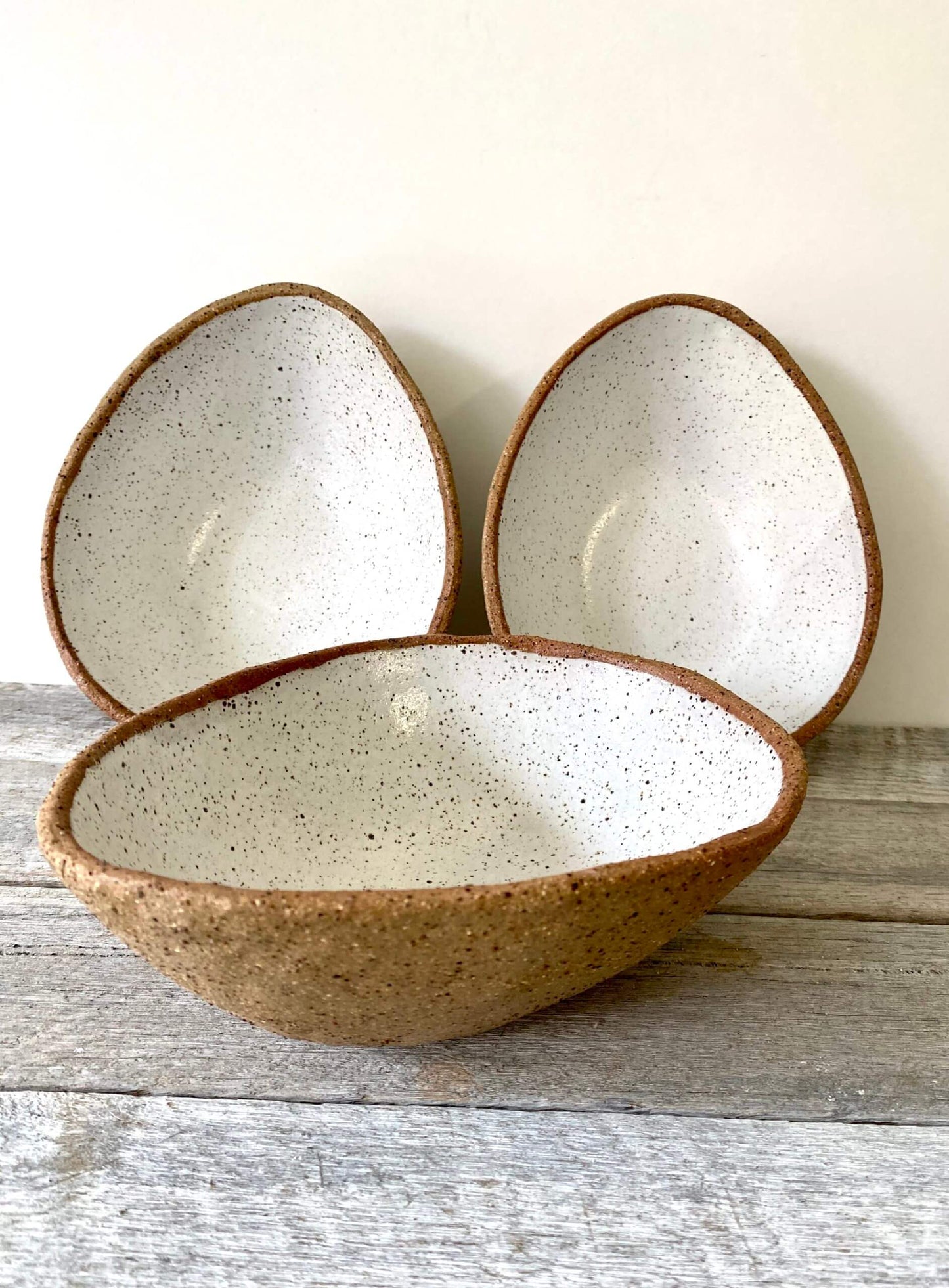 The Karen Bowl - Egg shaped and rustic - white glaze with speckles 10-9