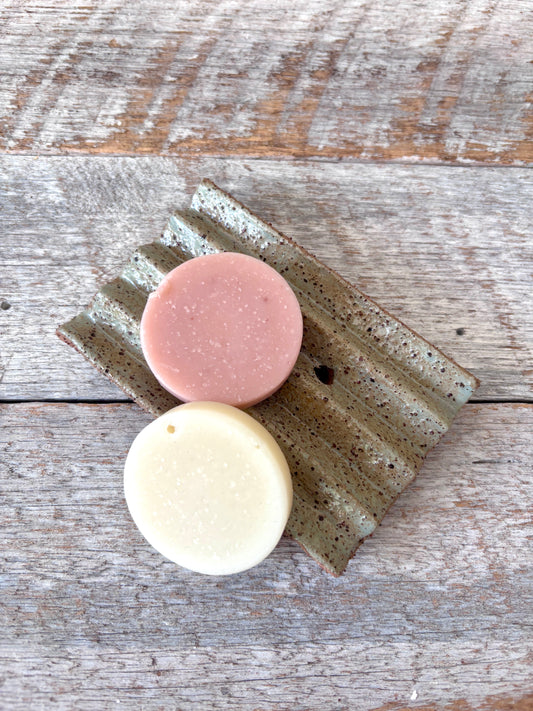 Rustic handmade ceramic soap dish - dusty green glaze - with 2 handmade soaps
