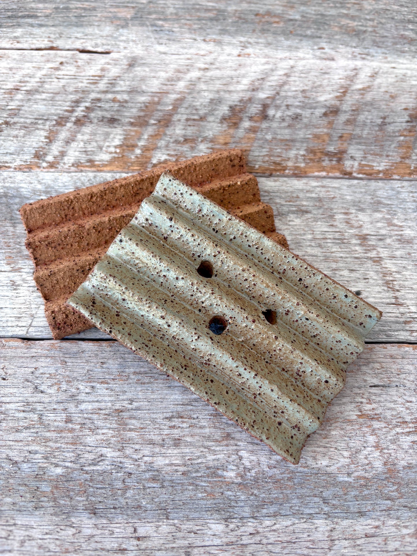 SPECIAL ORDER FOR ETTIE - Rustic handmade ceramic soap dish - dusty green glaze