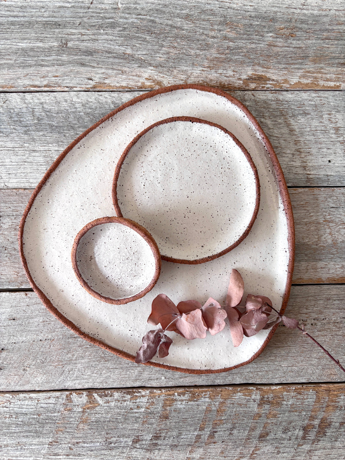 Asymmetric Handmade Ceramic Serving Platter with 2 dishes | Rustic | White with speckles (26-07)