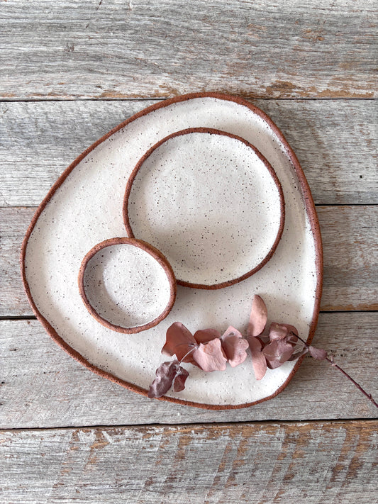 Asymmetric Handmade Ceramic Serving Platter with 2 dishes | Rustic | White with speckles (26-07)