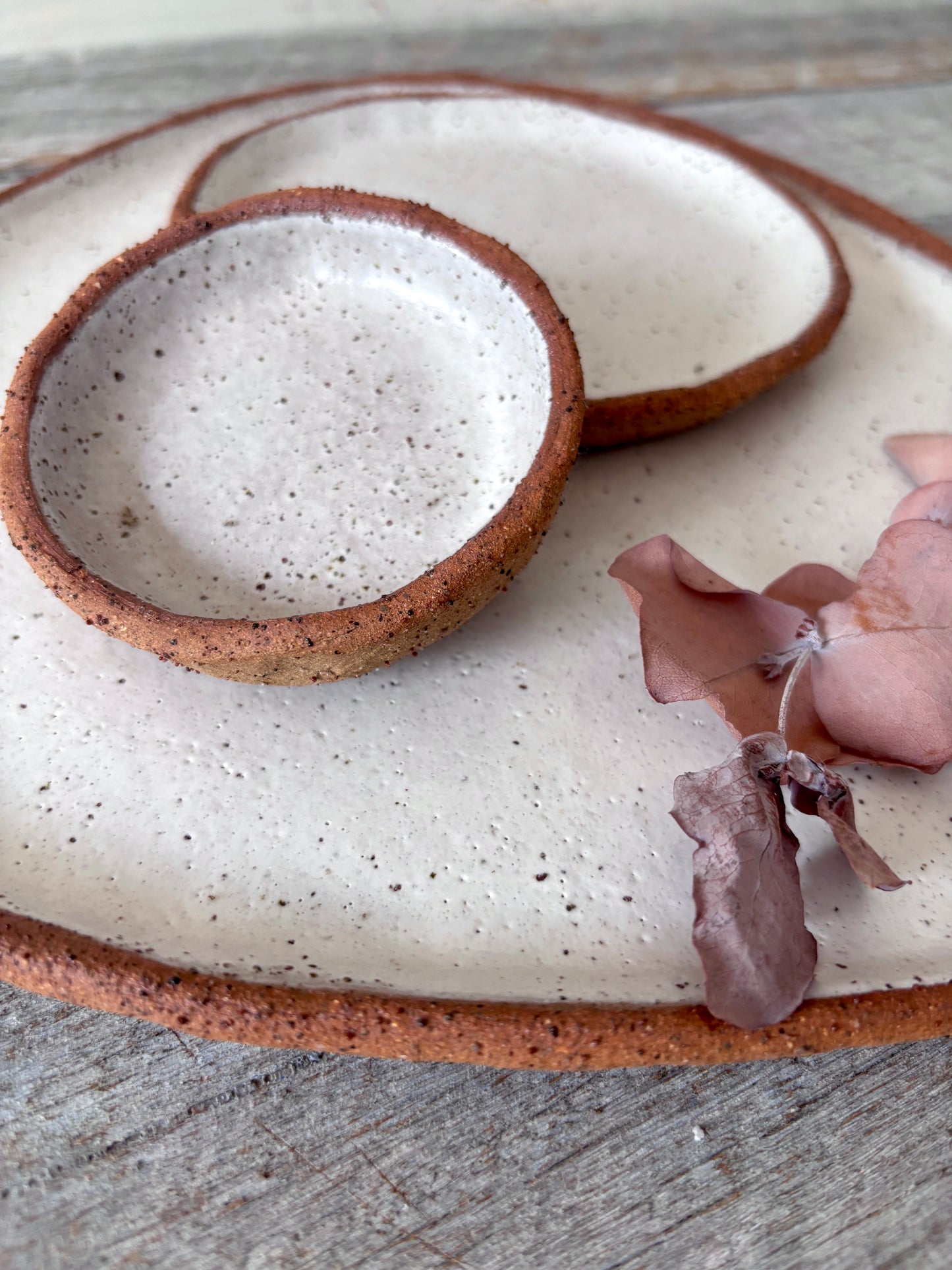 Asymmetric Handmade Ceramic Serving Platter with 2 dishes | Rustic | White with speckles (26-07)