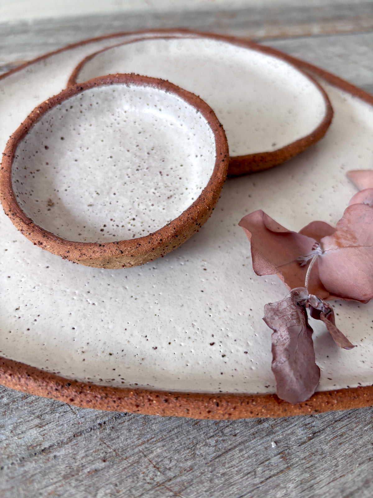 Asymmetric Handmade Ceramic Serving Platter with 2 dishes | Rustic | White with speckles (26-07)