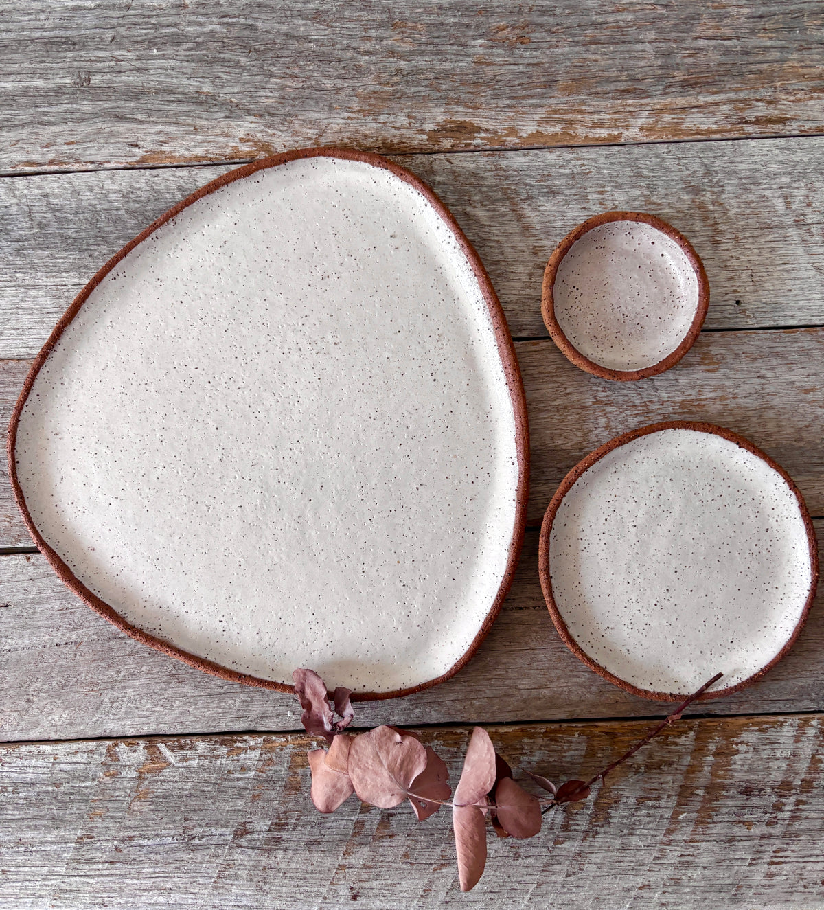 Asymmetric Handmade Ceramic Serving Platter with 2 dishes | Rustic | White with speckles (26-07)
