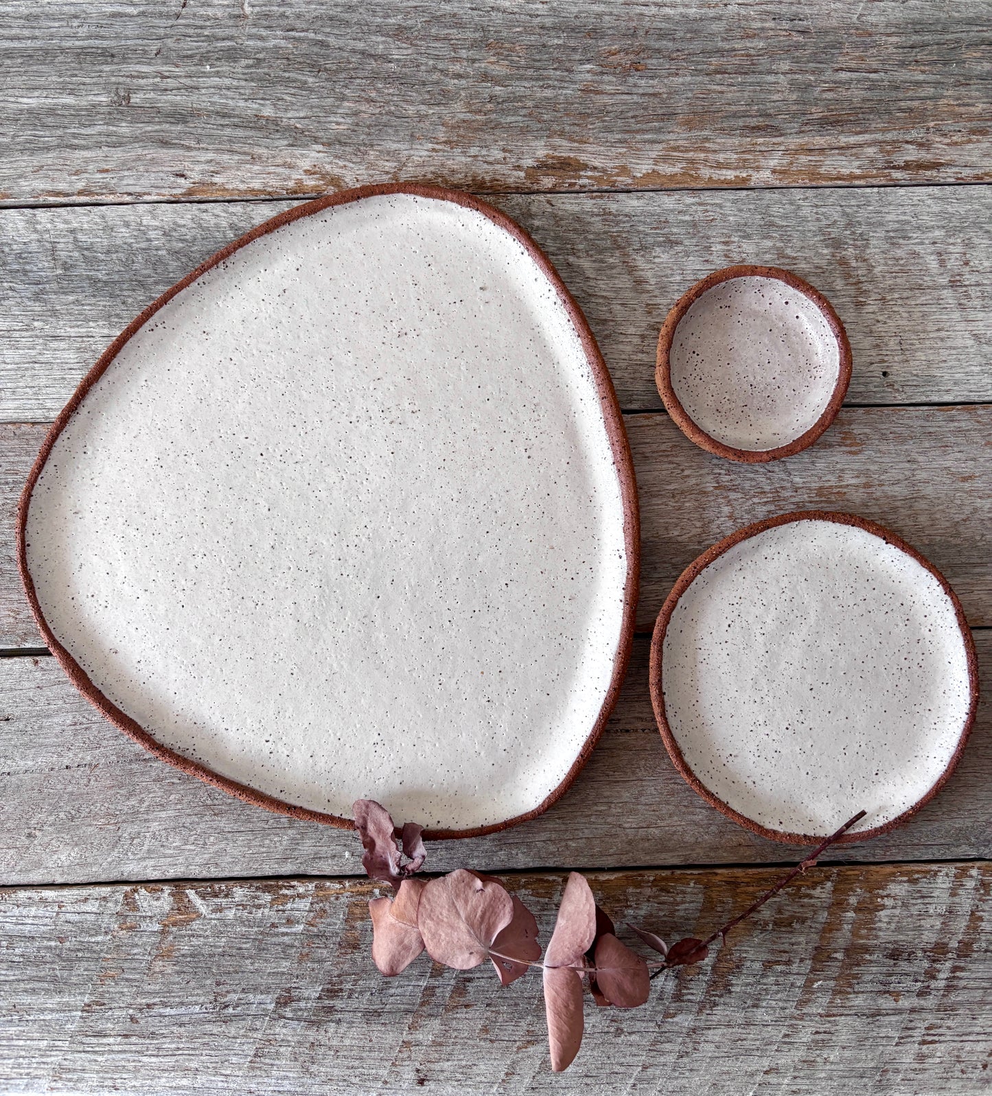 Asymmetric Handmade Ceramic Serving Platter with 2 dishes | Rustic | White with speckles (26-07)
