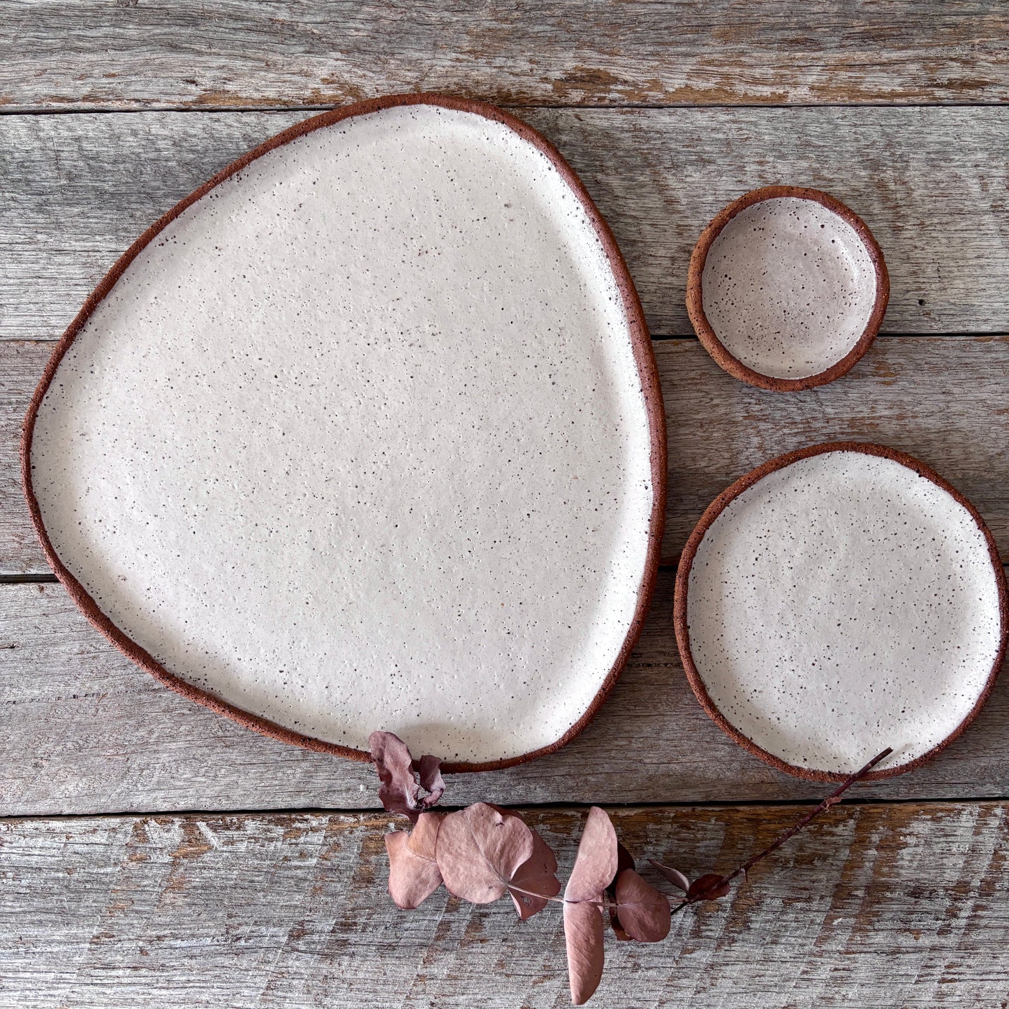 Asymmetric Handmade Ceramic Serving Platter with 2 dishes | Rustic | White with speckles (26-07)