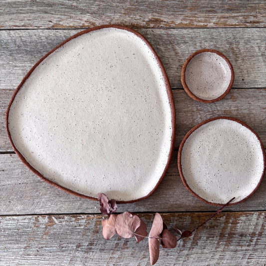 Asymmetric Handmade Ceramic Serving Platter with 2 dishes | Rustic | White with speckles (26-07)