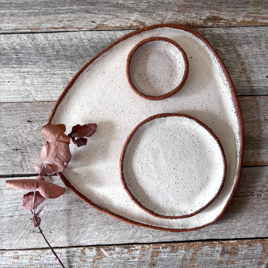 Asymmetric Handmade Ceramic Serving Platter with 2 dishes | Rustic | White with speckles (26-07)