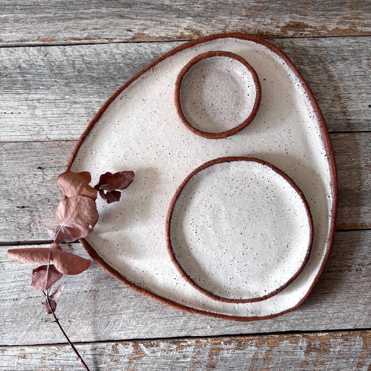 Asymmetric Handmade Ceramic Serving Platter with 2 dishes | Rustic | White with speckles (26-07)