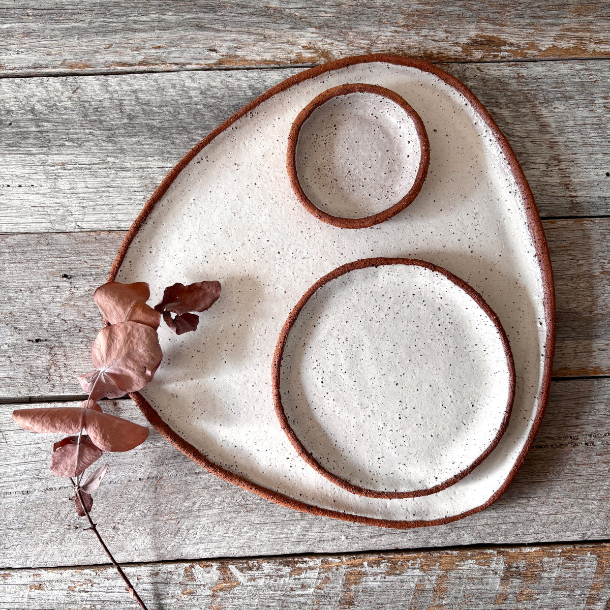 Asymmetric Handmade Ceramic Serving Platter with 2 dishes | Rustic | White with speckles (26-07)