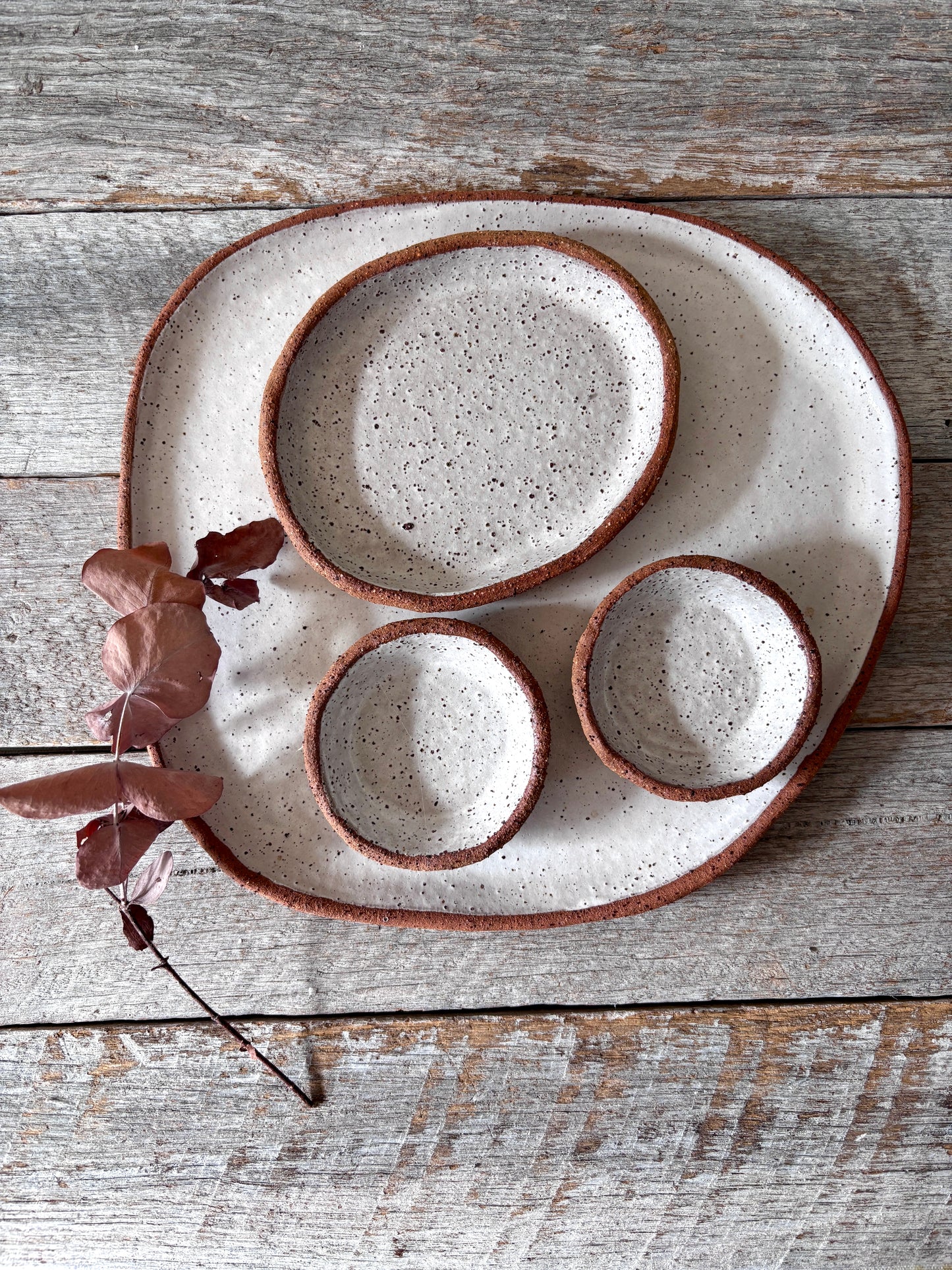 Asymmetric Handmade Ceramic Serving Platter with 3 dishes | Rustic | White with speckles (26-08)