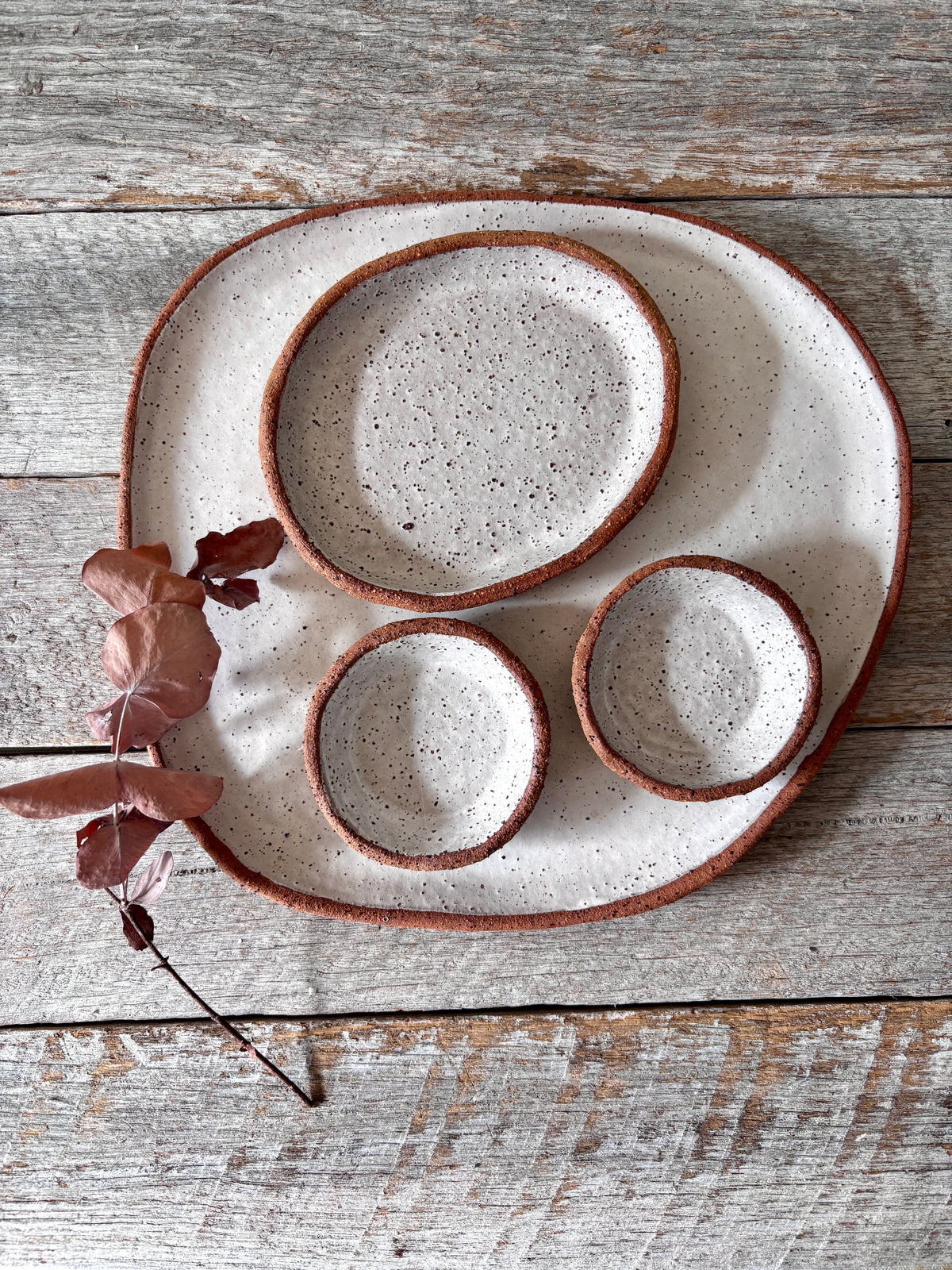 Asymmetric Handmade Ceramic Serving Platter with 3 dishes | Rustic | White with speckles (26-08)