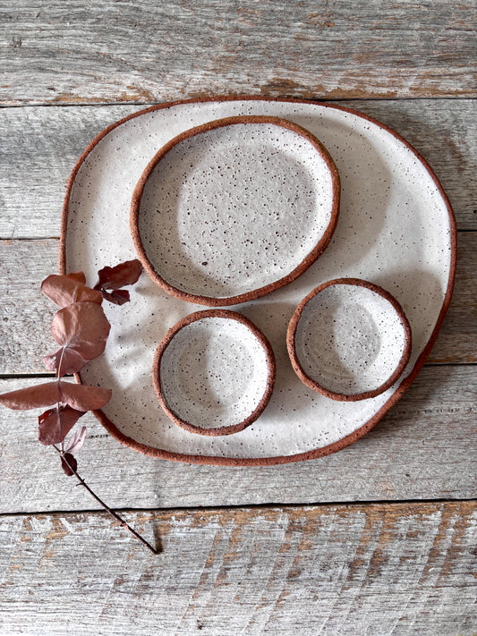 Asymmetric Handmade Ceramic Serving Platter with 3 dishes | Rustic | White with speckles (26-08)
