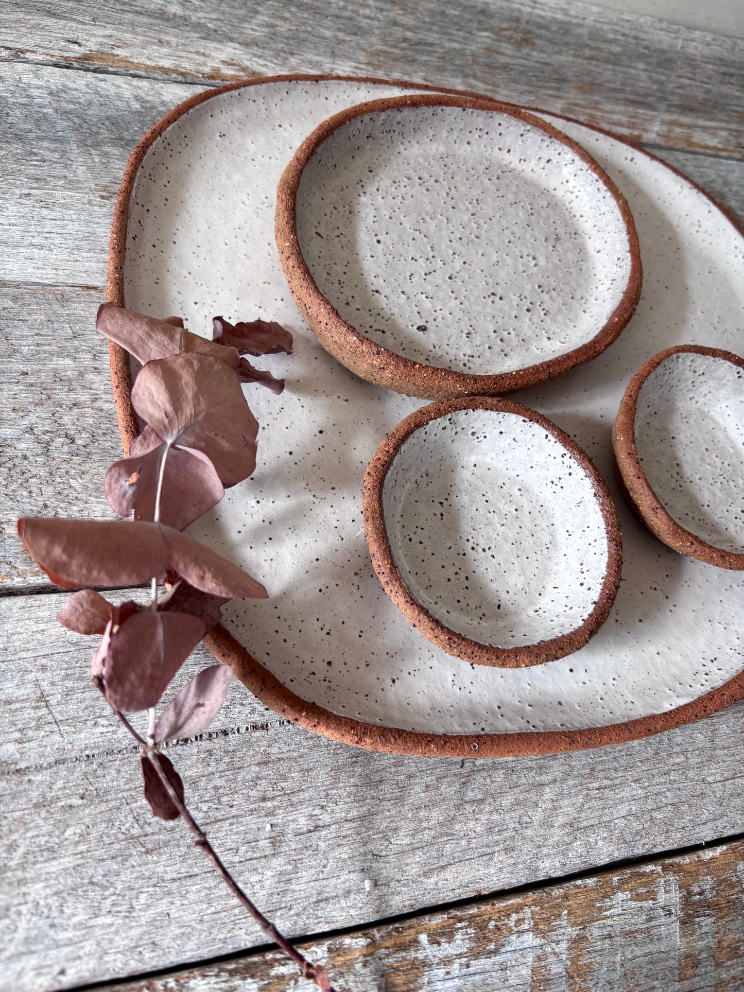 Asymmetric Handmade Ceramic Serving Platter with 3 dishes | Rustic | White with speckles (26-08)