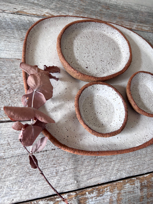 Asymmetric Handmade Ceramic Serving Platter with 3 dishes | Rustic | White with speckles (26-08)