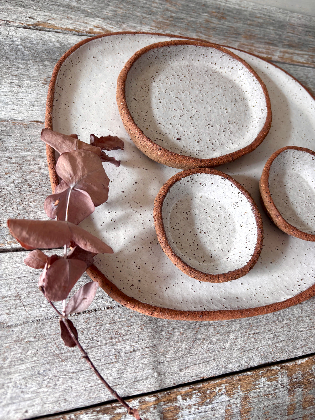 Asymmetric Handmade Ceramic Serving Platter with 3 dishes | Rustic | White with speckles (26-08)