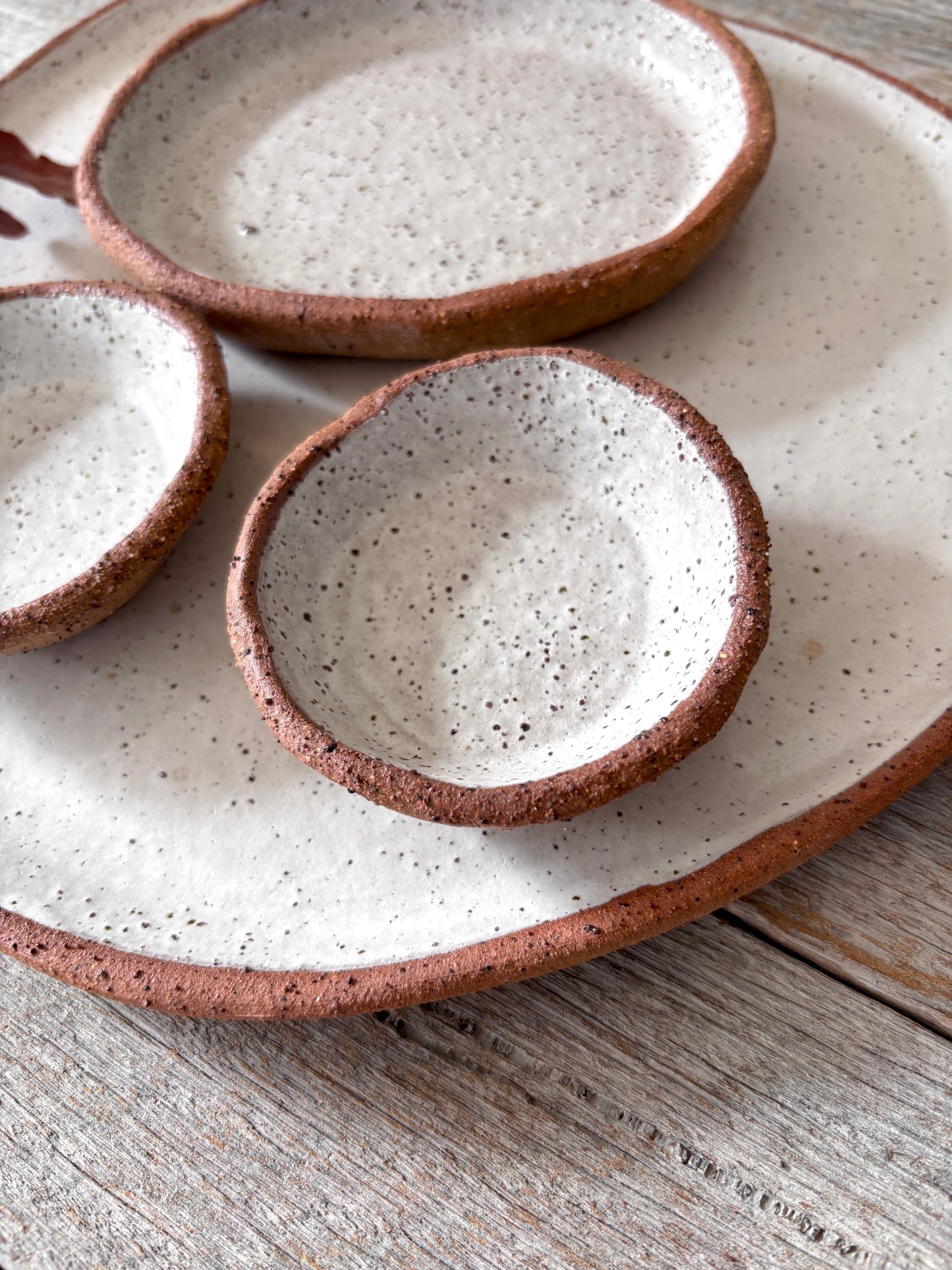 Asymmetric Handmade Ceramic Serving Platter with 3 dishes | Rustic | White with speckles (26-08)